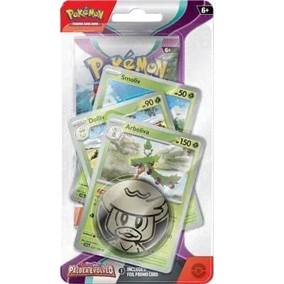 Embalagem de cartas Pokémon com cartas Smoliv, Dolliv e Arboliva em blister.