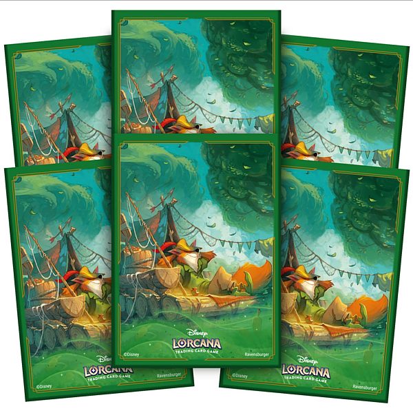 Cinco packs de cartas Disney Lorcana com arte em verde, marrom, azul e laranja de uma paisagem natural com tendas e árvores