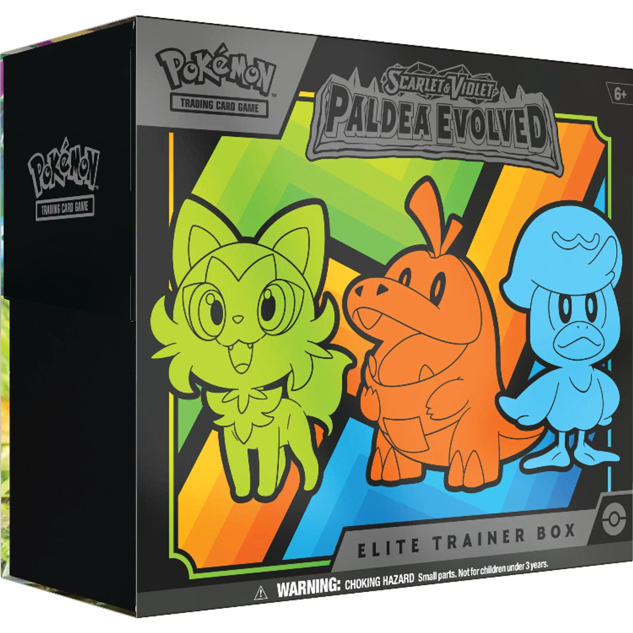 Caixa de jogo Pokémon Elite Trainer Box com personagens coloridos e textos informativos
