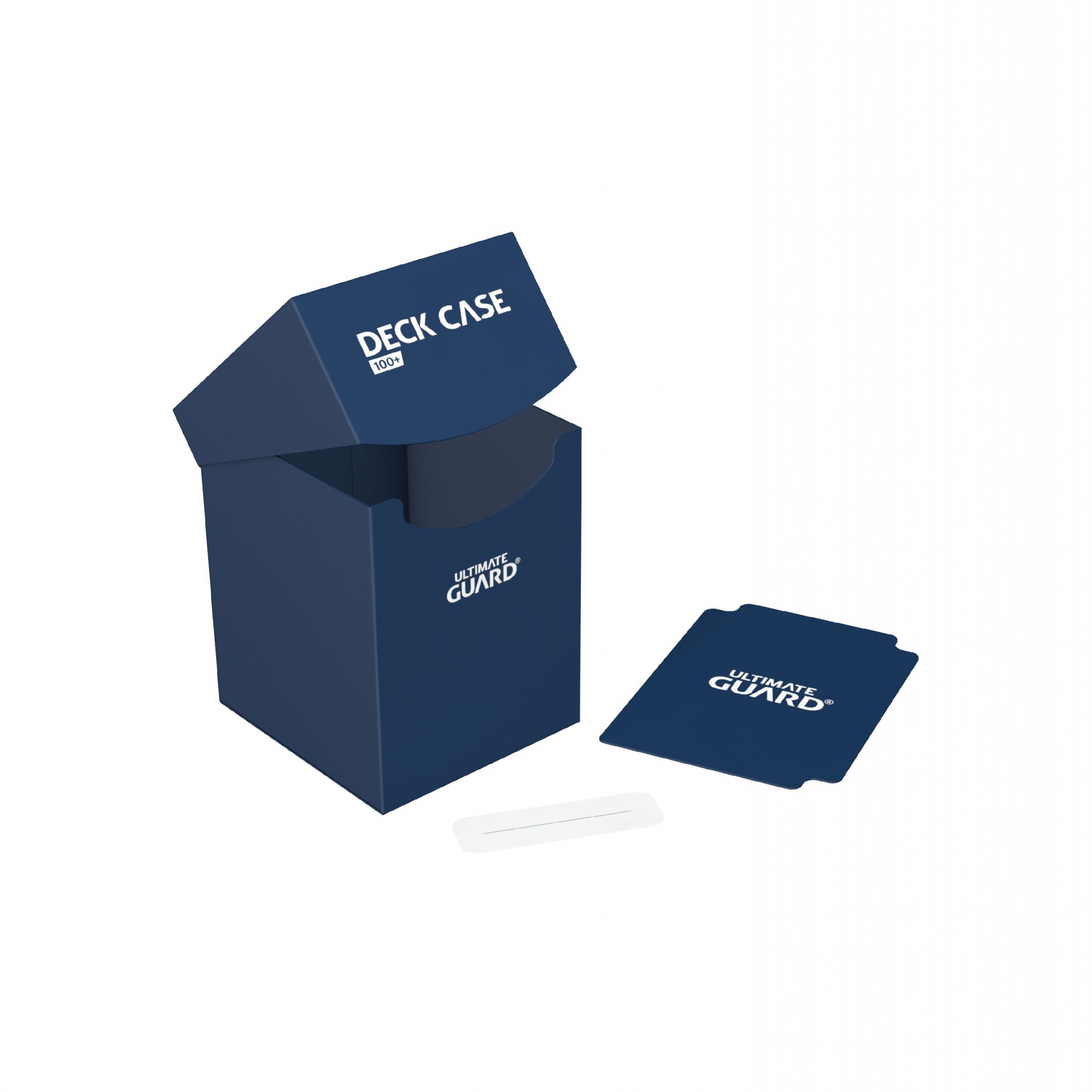 Caixa de armazenamento azul para baralho com tampa aberta, capa protetora e selo plástico