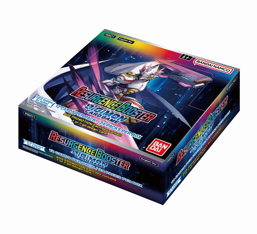 Caixa de booster Resurgence Booster do jogo Digimon com cores e arte digital