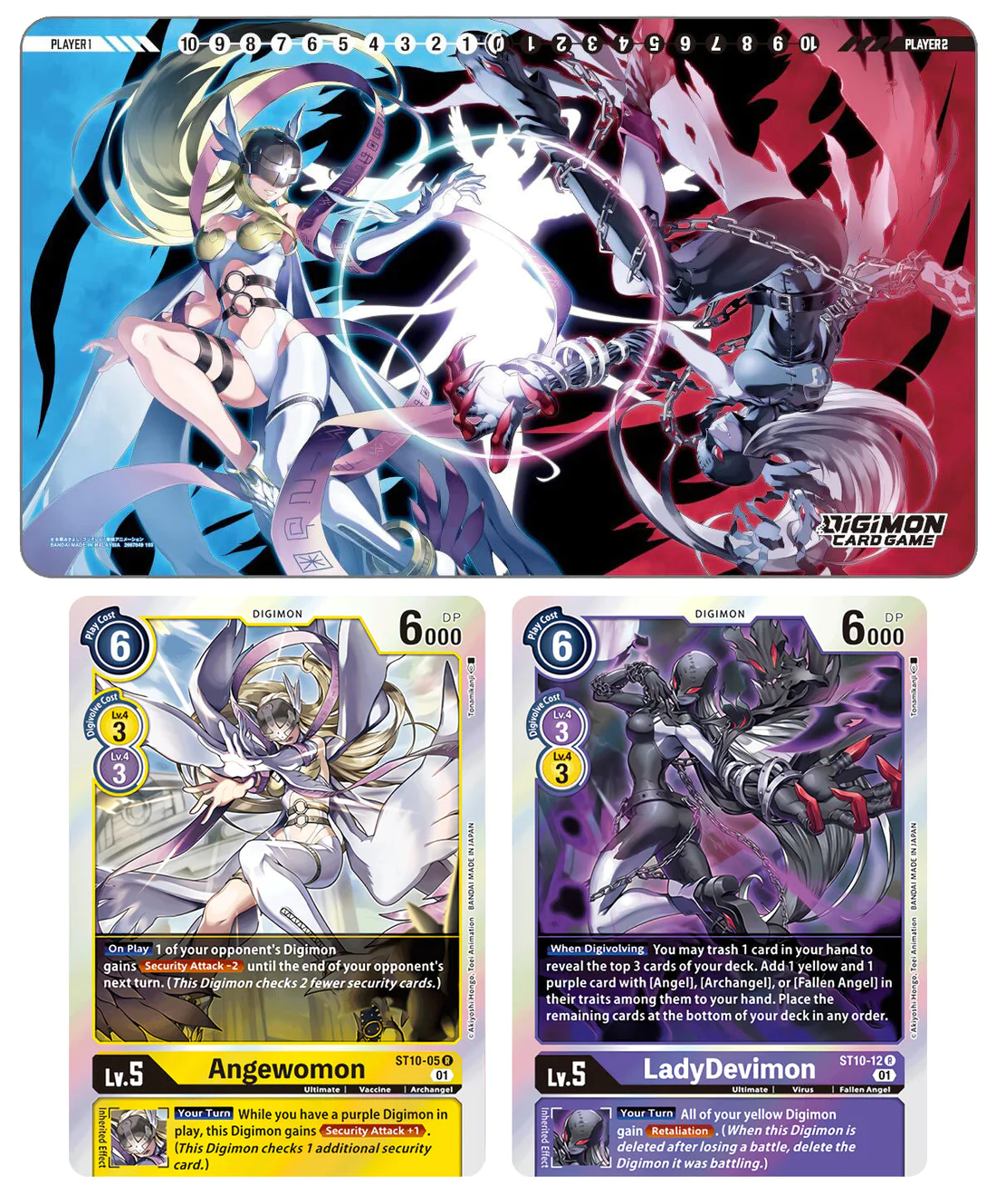 Dois cards Digimon sobre tapete de jogo temático em azul e vermelho com personagens femininos.