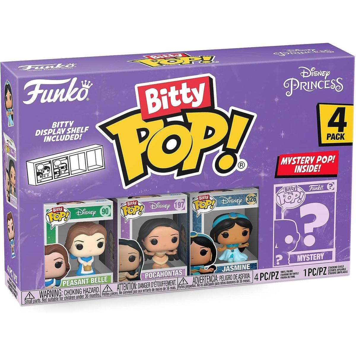 Caixa de quatro bonecos Funko Bitty Pop! Disney Princess com personagens Peasant Belle, Pocahontas, Jasmine e uma Mystery Pop