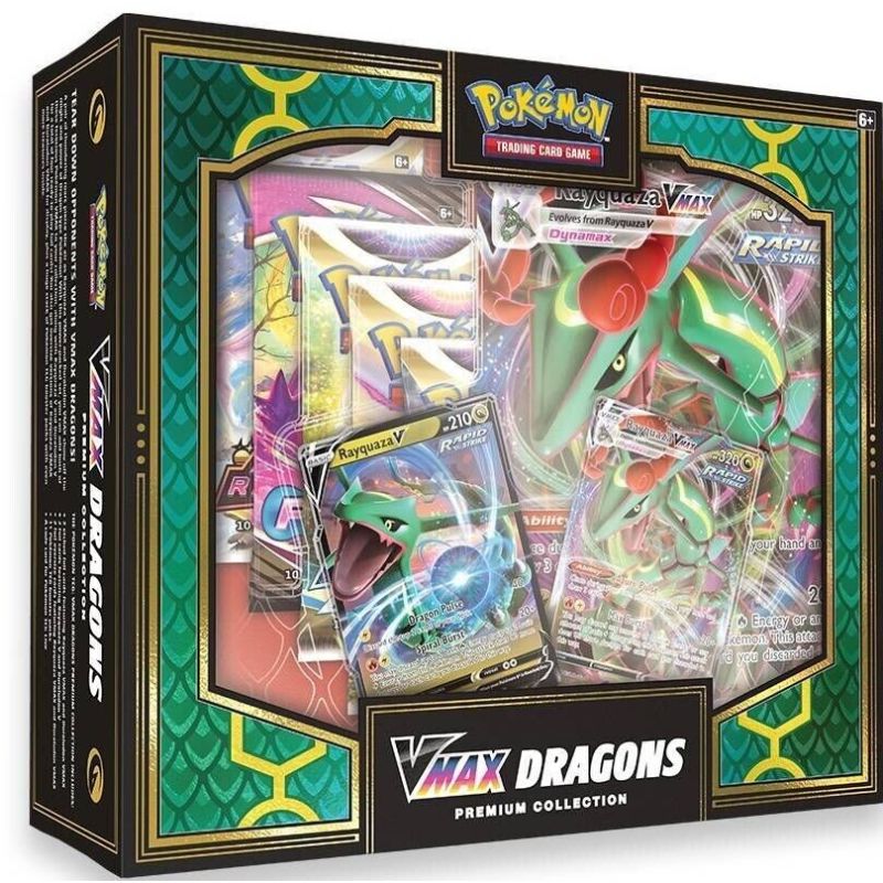Caixa Pokémon VMAX Dragons com carta holográfica Rayquaza V visível