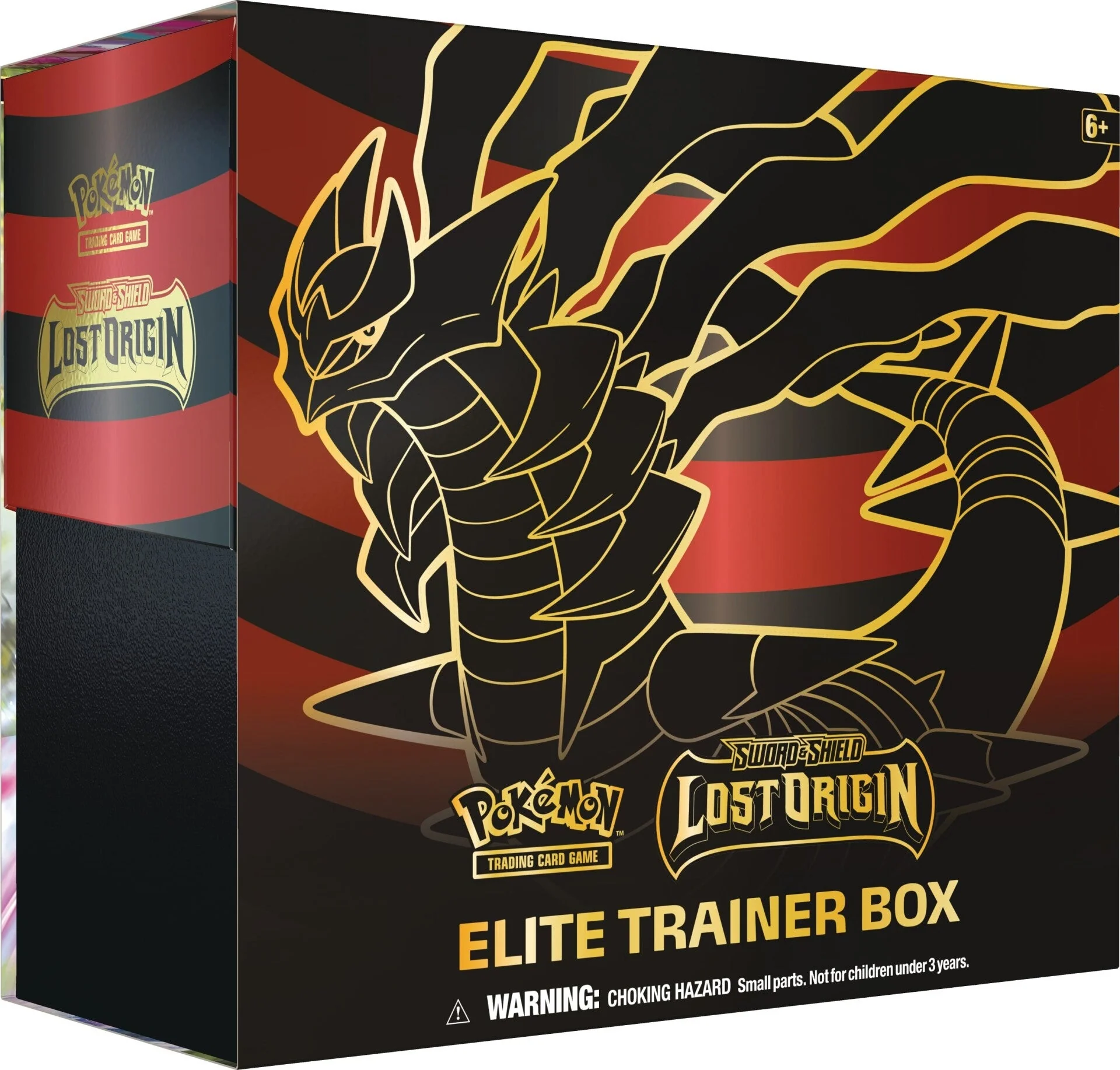 Caixa preta e vermelha do Pokémon Elite Trainer Box com ilustração dourada de Pokémon dracônico e textos oficiais