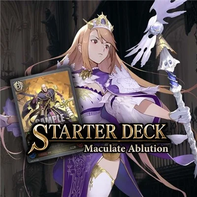 Deck inicial de cartas com personagem feminina em traje roxo e branco e carta de guerreiro