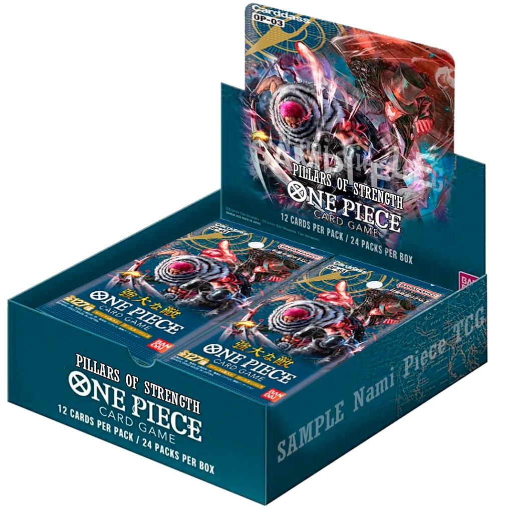 Caixa de cartas do jogo One Piece Pillars of Strength azul com arte colorida