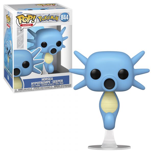 Figura Funko Pop! Pokémon Horsea azul claro em suporte transparente com caixa colorida