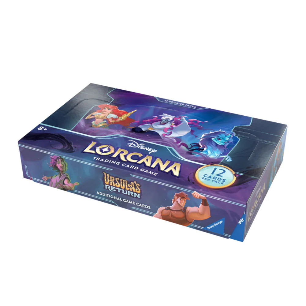 Caixa azul e roxa do jogo Disney Lorcana Trading Card Game com personagens Disney e texto 'URSULA'S RETURN'.