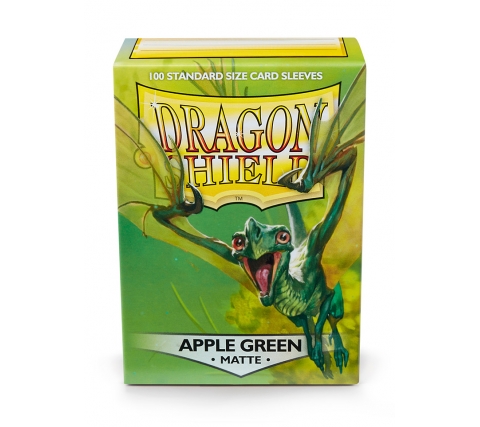 Caixa verde Dragon Shield com dragão e texto Apple Green Matte para sleeves de cartas