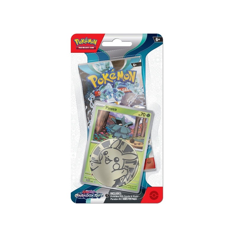 Pacote de cartas Pokémon com um disco metálico e carta visível de Pincoco