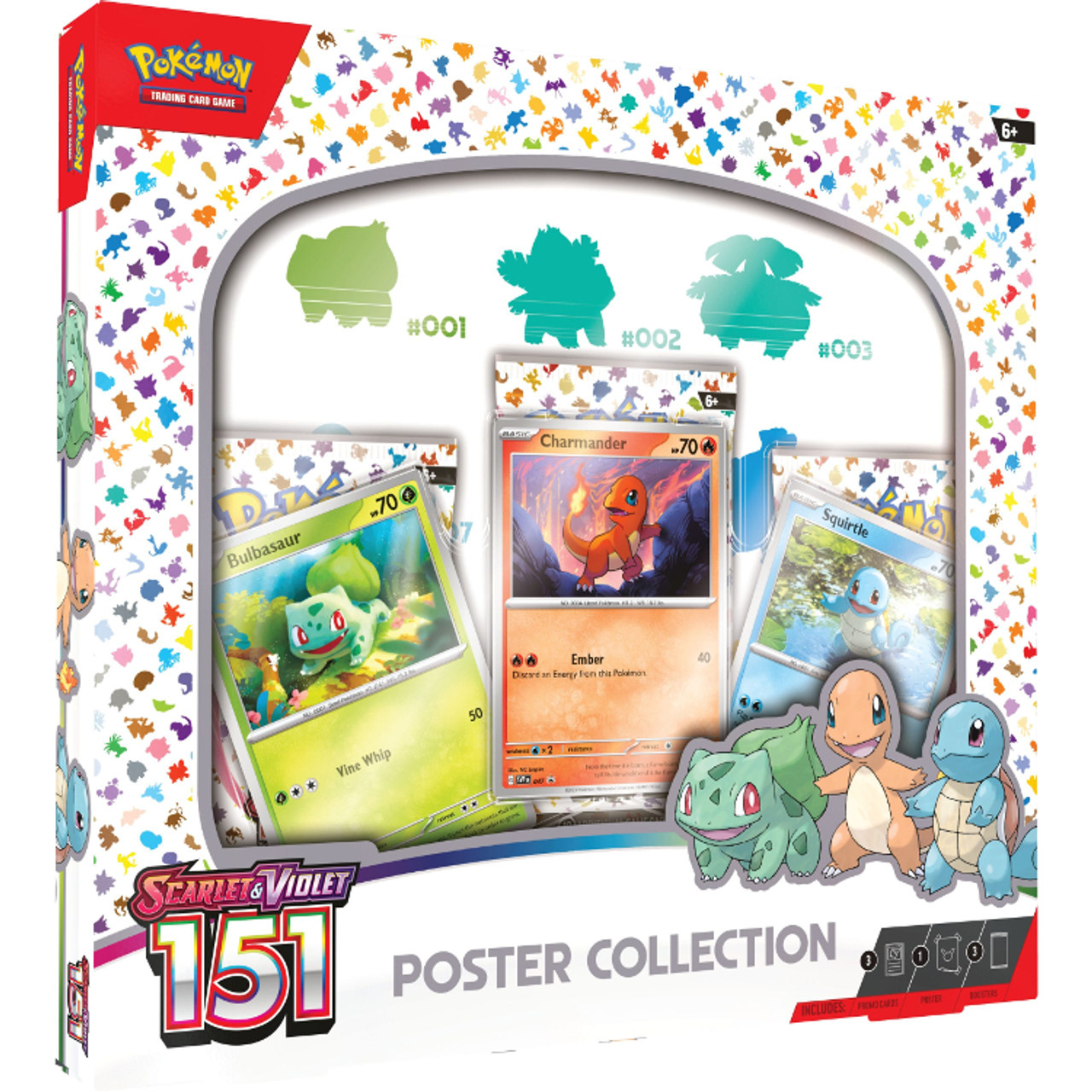 Caixa de coleção Pokémon Scarlet & Violet 151 com cartas Bulbasaur, Charmander e Squirtle