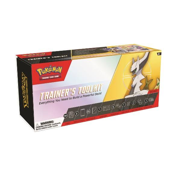 Caixa do jogo Pokémon Trainer's Toolkit com design amarelo e branco e imagem do Pokémon Arceus