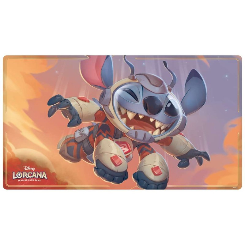 Tapete com imagem do personagem Stitch em traje espacial com fundo laranja e roxo
