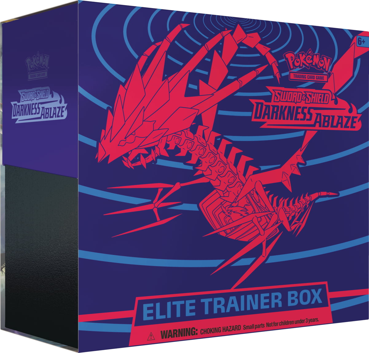 Caixa azul e vermelha do jogo Pokémon Sword & Shield Darkness Ablaze Elite Trainer Box