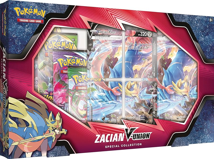 Caixa de coleção especial Pokémon Zacian V-Union com cartas e pacotes visíveis