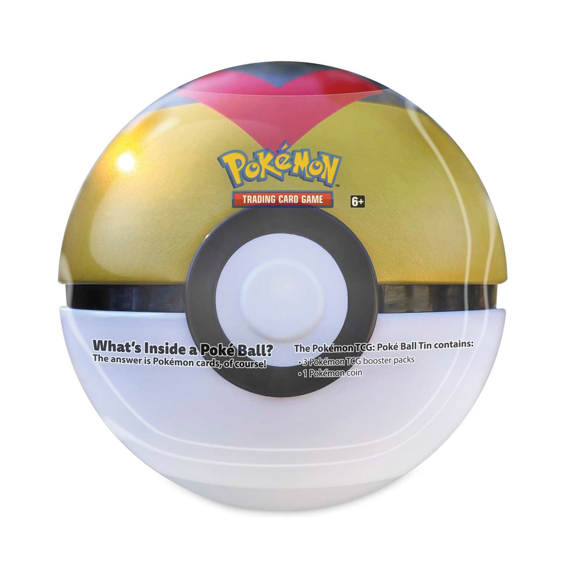 Lata em forma de Poké Ball do jogo Pokémon TCG com texto e cores distintas