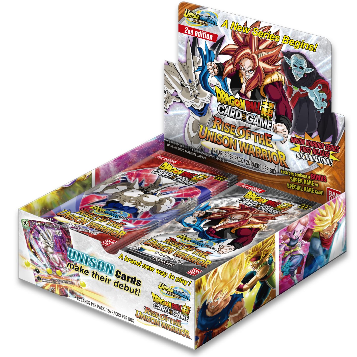 Caixa colorida de cartas Dragon Ball Super Card Game Rise of the Unison Warrior com personagens e texto em inglês