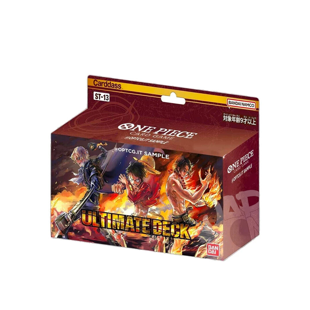 Caixa de jogo Ultimate Deck One Piece com personagens Shanks, Luffy e Ace em fundo vermelho e amarelo