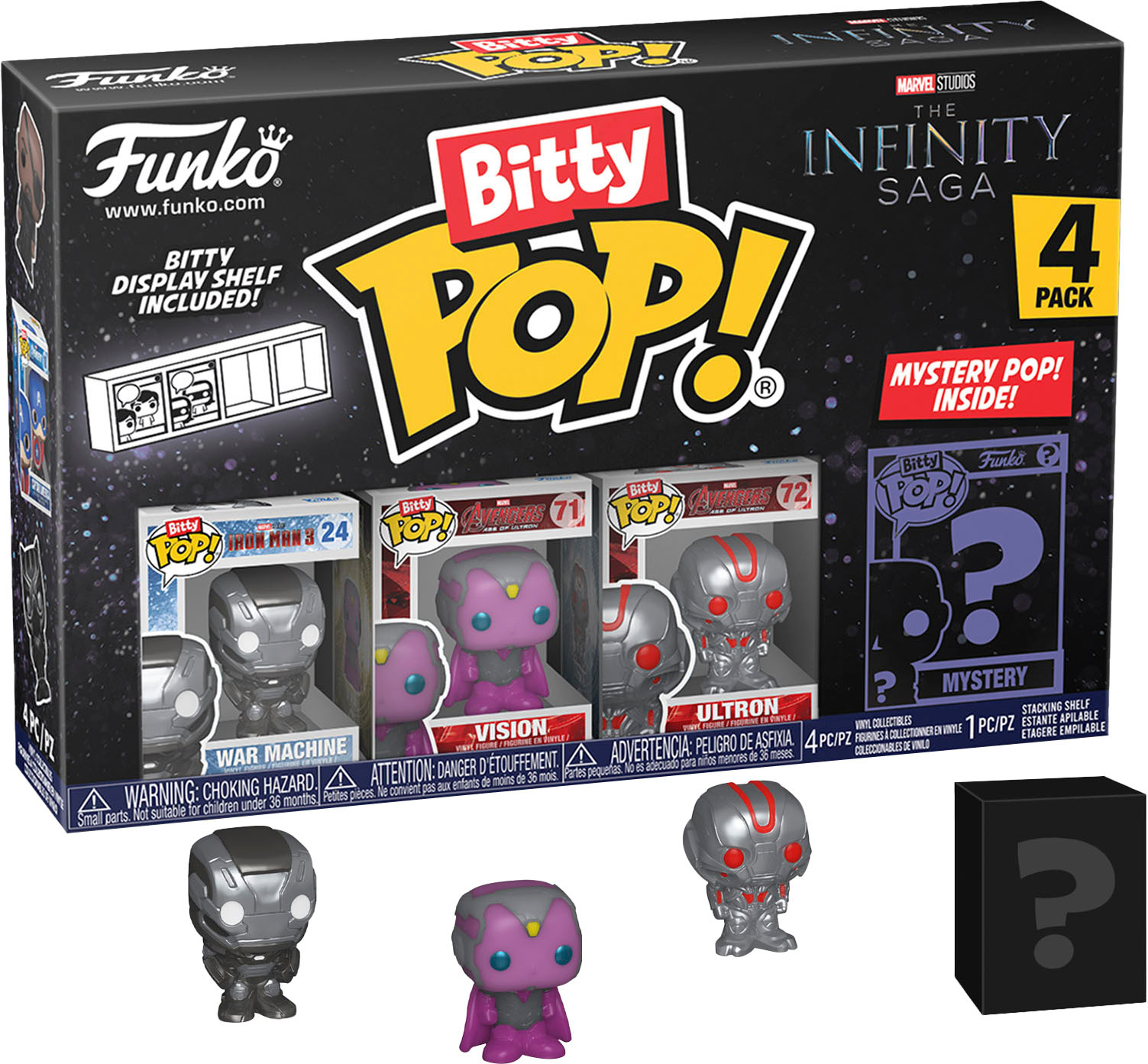 Conjunto Bitty Pop! Funko com figuras Marvel Infinity e embalagem preta