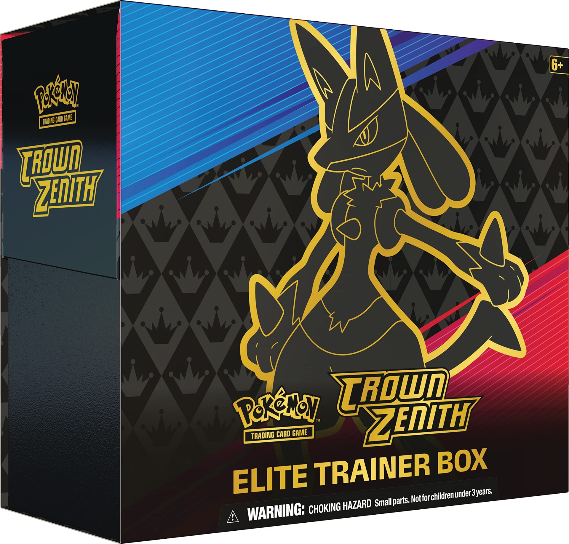 Caixa Pokémon Crown Zenith Elite Trainer Box com figura de Lucario e texto em amarelo