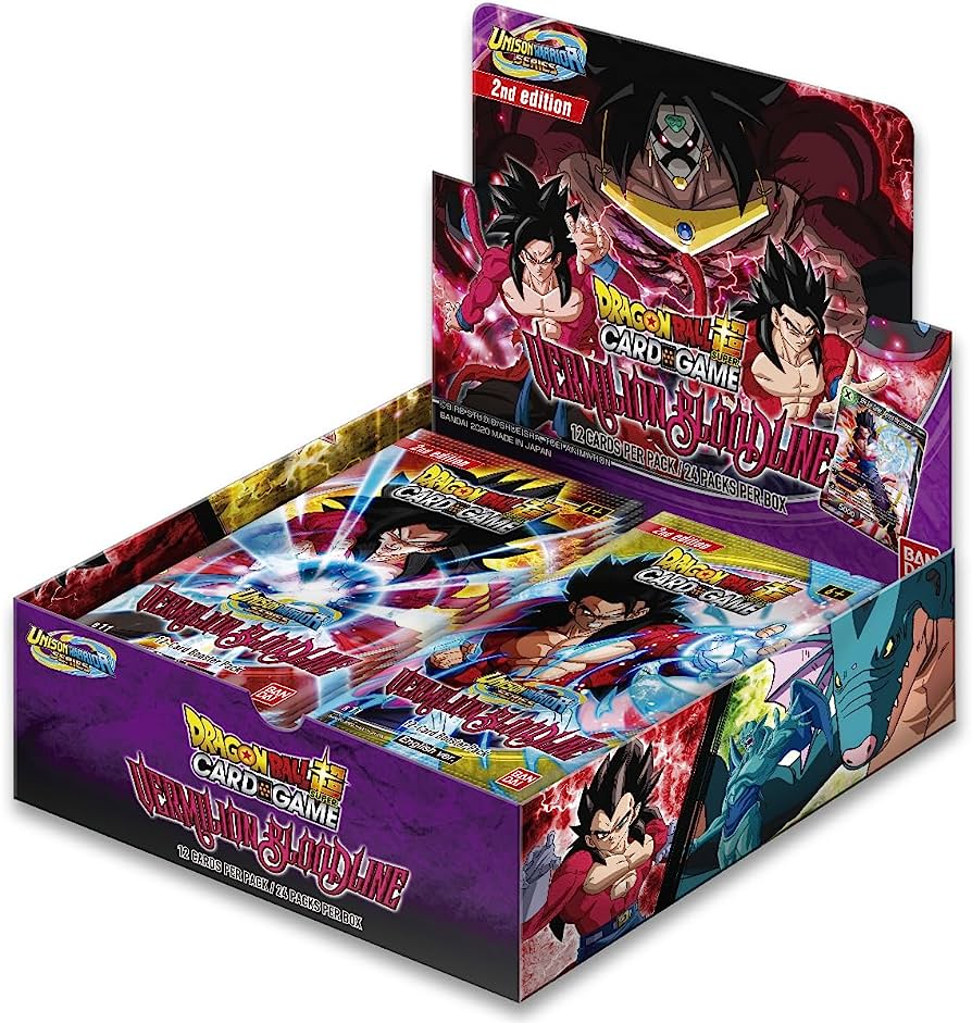 Expositor com cartas Dragon Ball Super Card Game e personagens da série