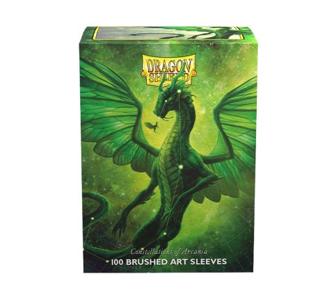 Caixa verde de protetores de cartas Dragon Shield com dragão alado e texto de marca e descrição