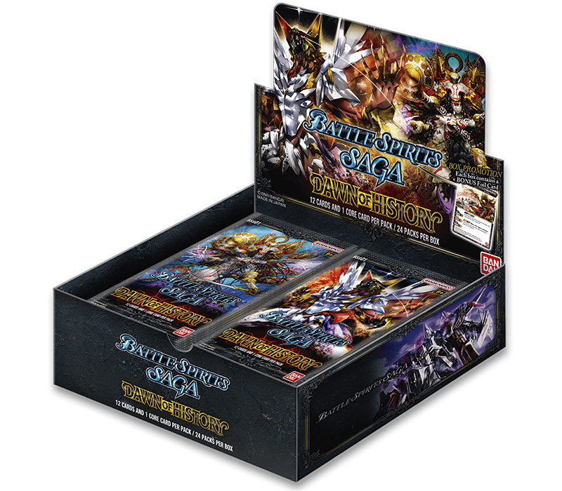 Caixa aberta com pacotes de cartas Battle Spirits Saga Dawn of History