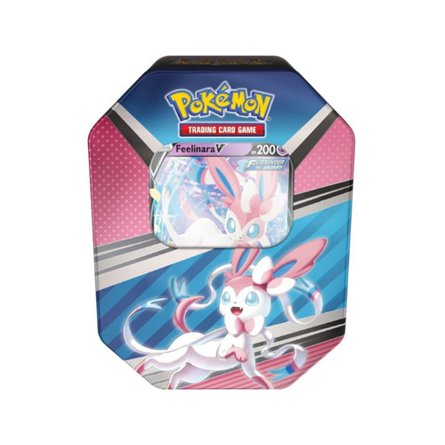 Lata azul rosa cinza Pokémon Trading Card Game com cartão Feelinara V