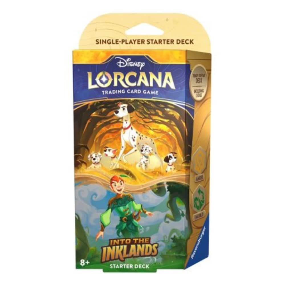 Caixa do jogo de cartas Disney Lorcana com ilustrações de cães dálmatas e personagem em verde.