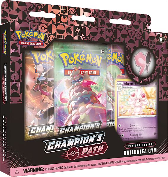 Pack de cartas Pokémon Champion's Path com carta Alcremie e embalagem decorada em preto e rosa.