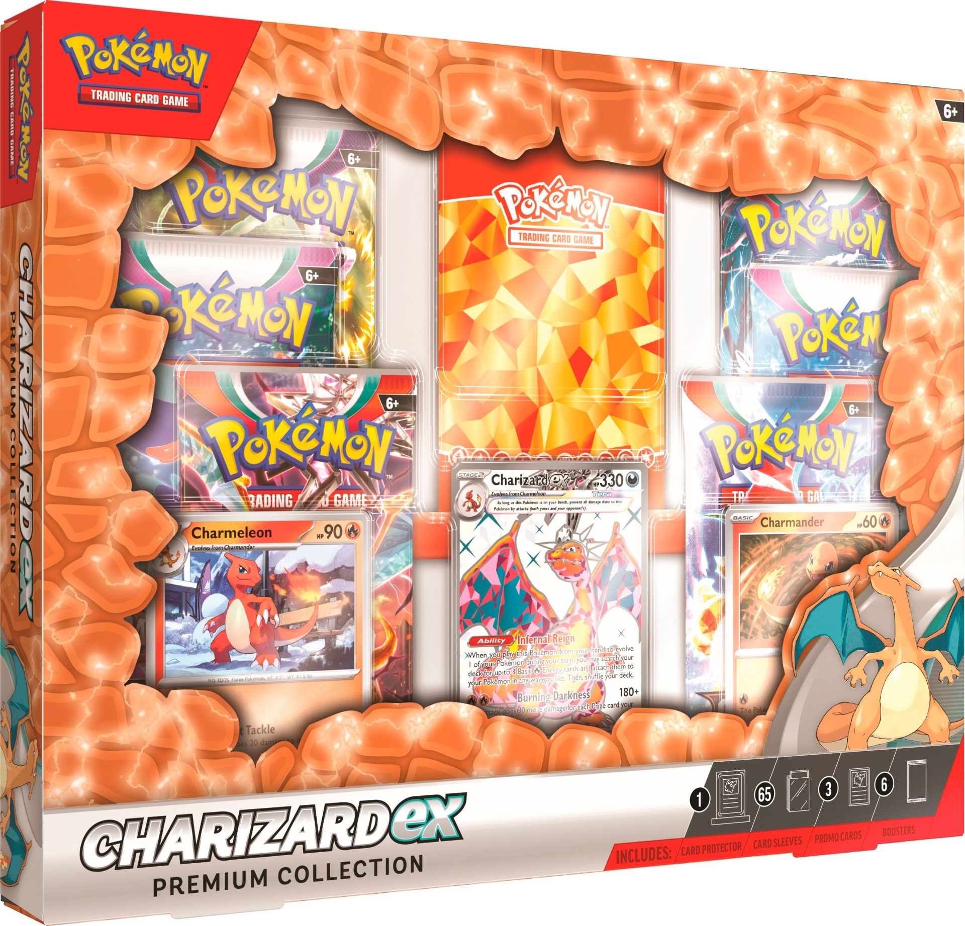 Embalagem do conjunto Pokémon Charizard EX com cartas e packs visíveis.