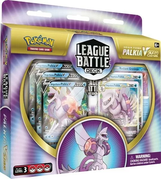 Caixa do jogo de cartas Pokémon League Battle Deck Origin Forme Palkia VSTAR com cartas visíveis Palkia V e Radiant Greninja.
