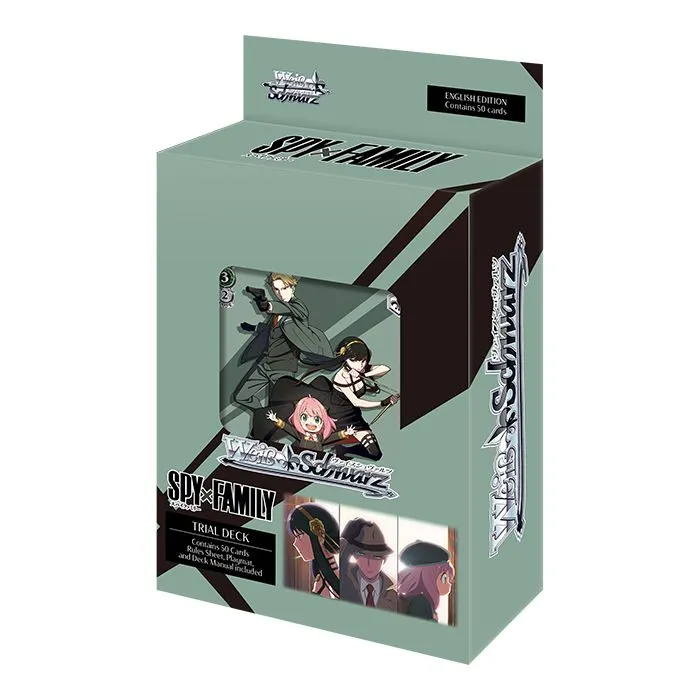 Caixa verde e preta do jogo de cartas Spy x Family Trial Deck Weiss Schwarz com imagens de personagens anime.