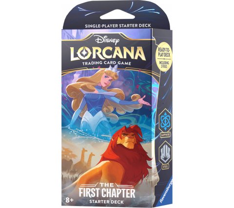 Embalagem do jogo de cartas Disney Lorcana, deck inicial The First Chapter com Aurora e Simba