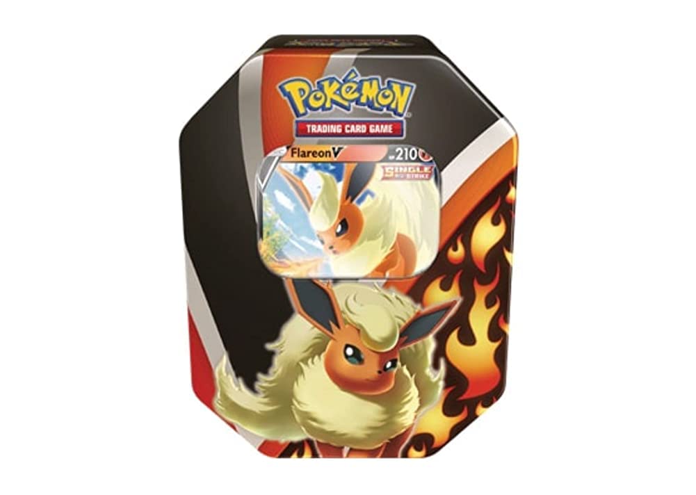 Lata colecionável Pokémon Flareon V com design em vermelho, laranja e preto, chama e texto visível.