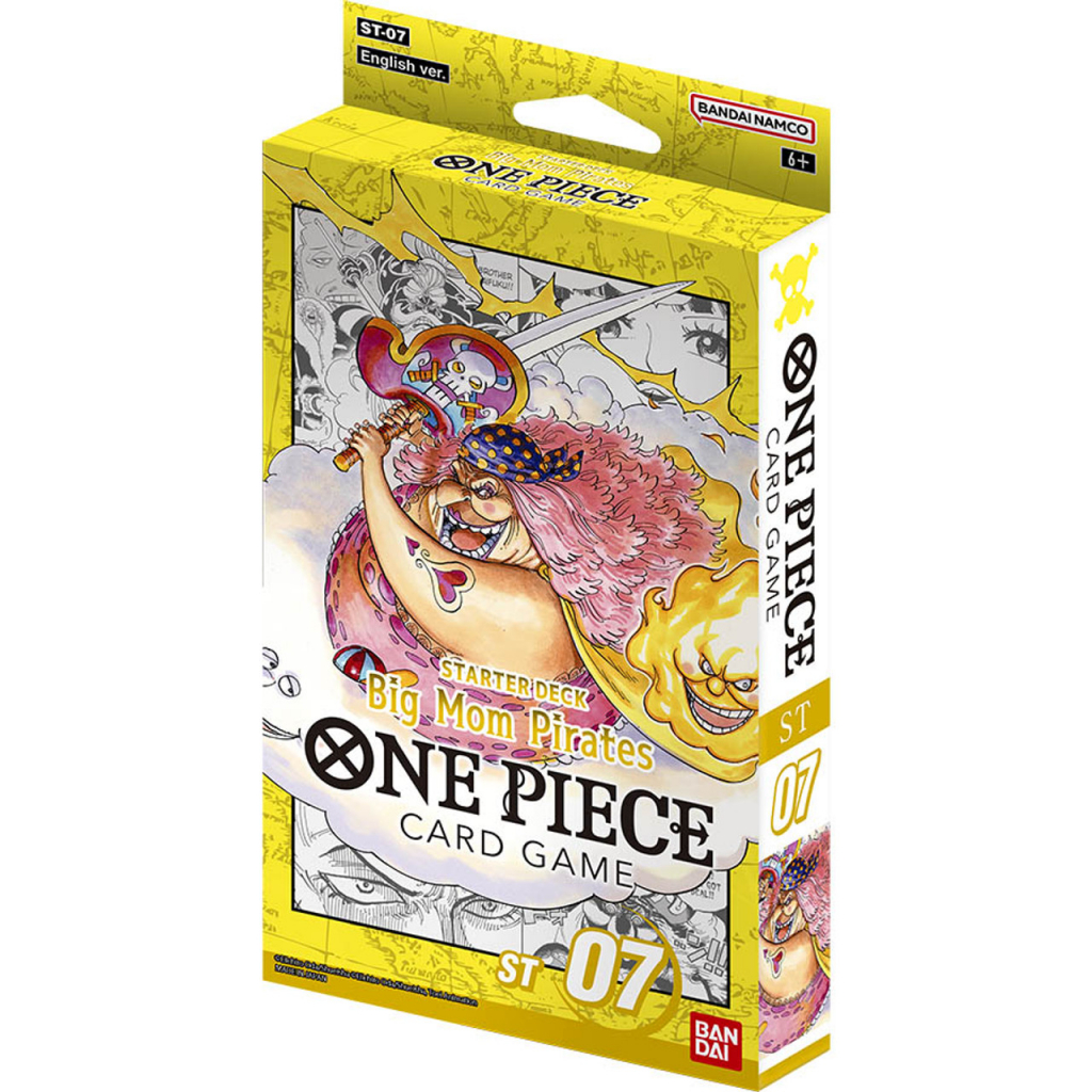 Caixa amarela de jogo de cartas One Piece Card Game Starter Deck Big Mom Pirates com ilustração colorida.