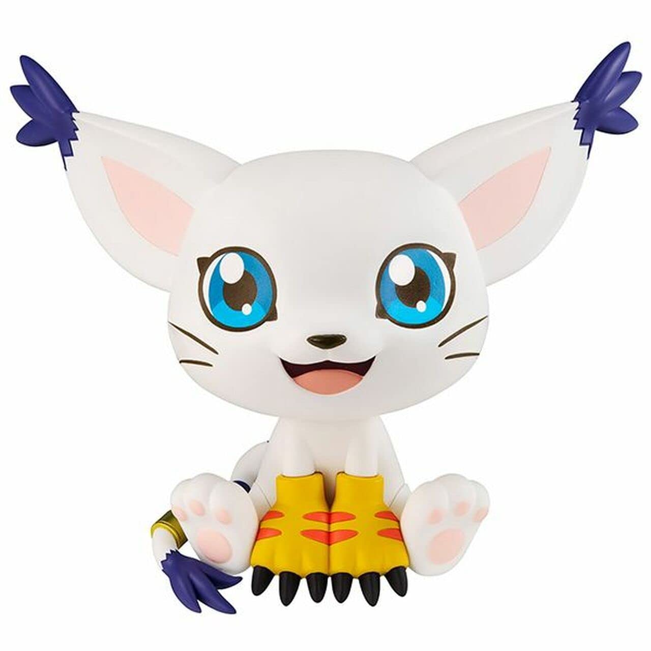 Figura de gato branco com olhos azuis e patas amarelas.