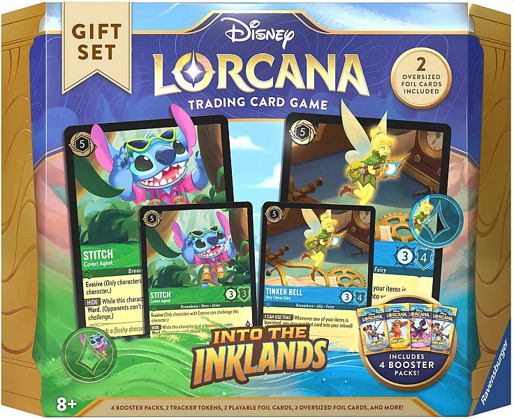 Conjunto Disney Lorcana cartas colecionáveis com personagens Stitch e Tinker Bell