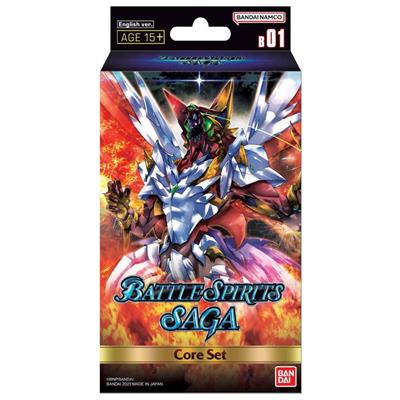 Caixa de BATTLE SPIRITS SAGA Core Set com personagem robótico e fundo de chamas