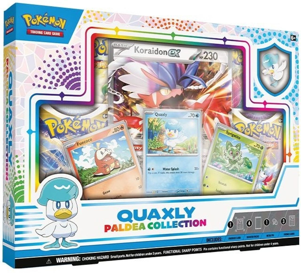 Caixa Pokémon Quaxly Paldea Collection com cartas e personagem Quaxly na embalagem