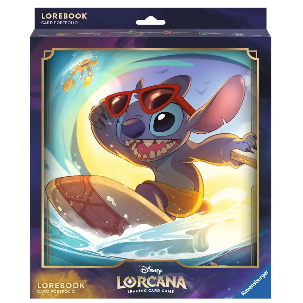 Porta-cartões LOREBOOK Disney Lorcana com imagem de Stitch a surfar e óculos vermelhos