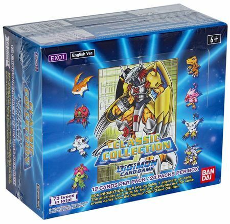 Caixa azul de cartas Digimon Classic Collection com personagens e texto em inglês