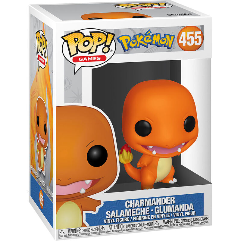 Figura Funko Pop! Charmander Pokémon na embalagem com fundo branco e detalhes em azul e laranja.