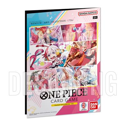 Caixa do One Piece Card Game Premium Card Collection - UTA da Bandai Namco com imagens de personagens de anime coloridos.