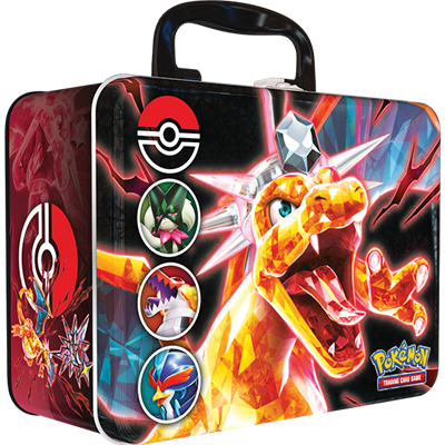 Mala de metal Pokémon Charizard com textura geométrica colorida e logo