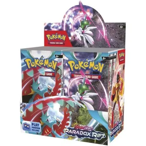Expositor aberto do jogo Pokémon Trading Card Game, set Scarlet & Violet Paradox Rift.