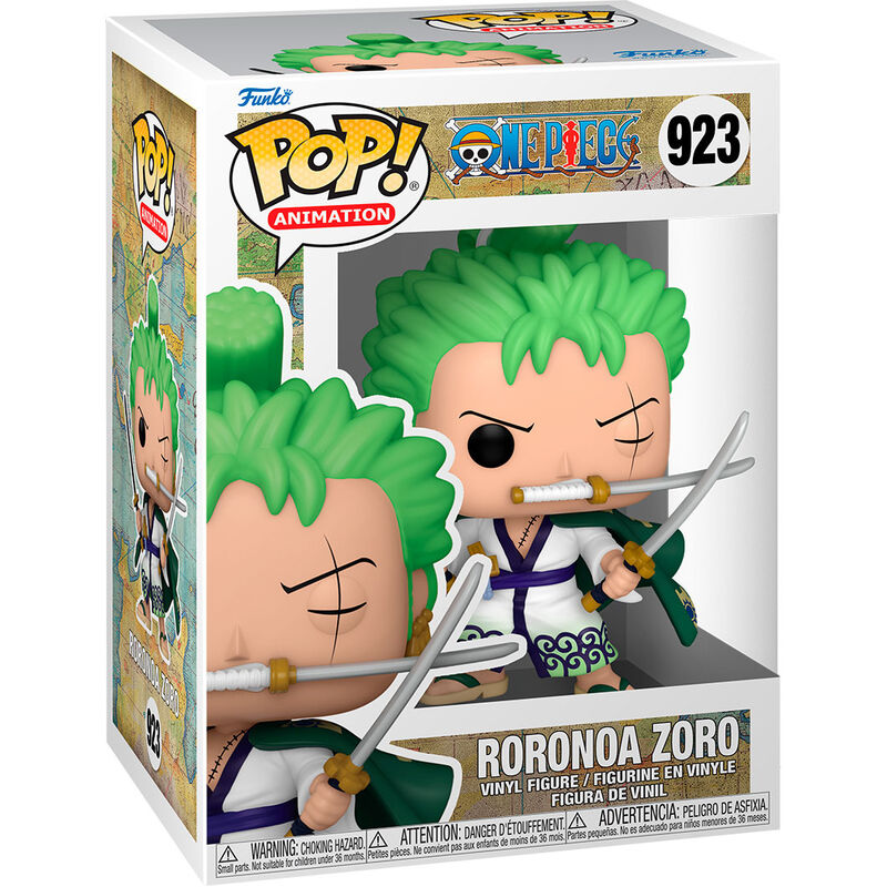 Boneco Funko Pop! Roronoa Zoro vestindo roupa branca e azul com cabelos verdes e duas espadas, na caixa transparente número 923