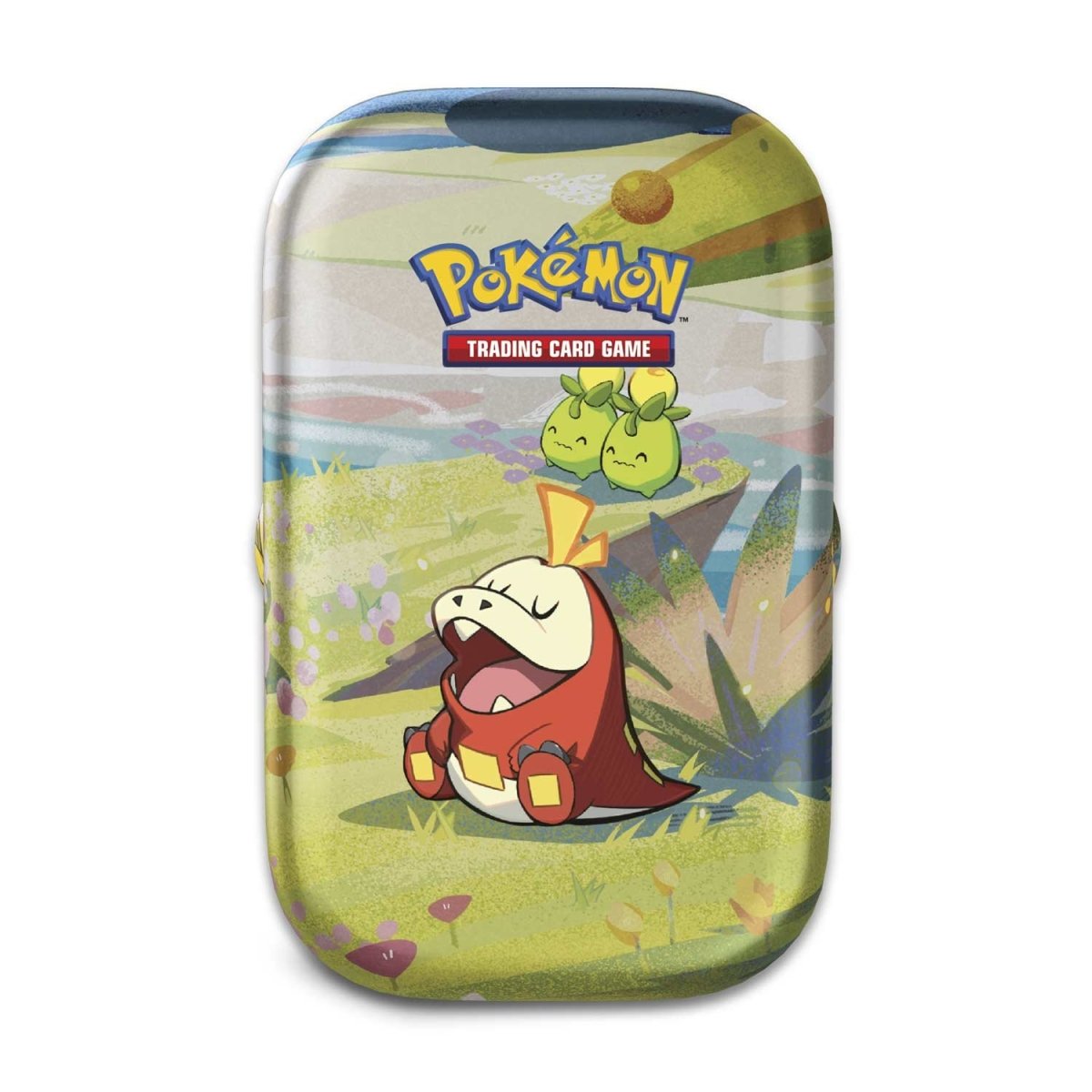 Estojo metálico colorido Pokémon com personagens e texto Trading Card Game