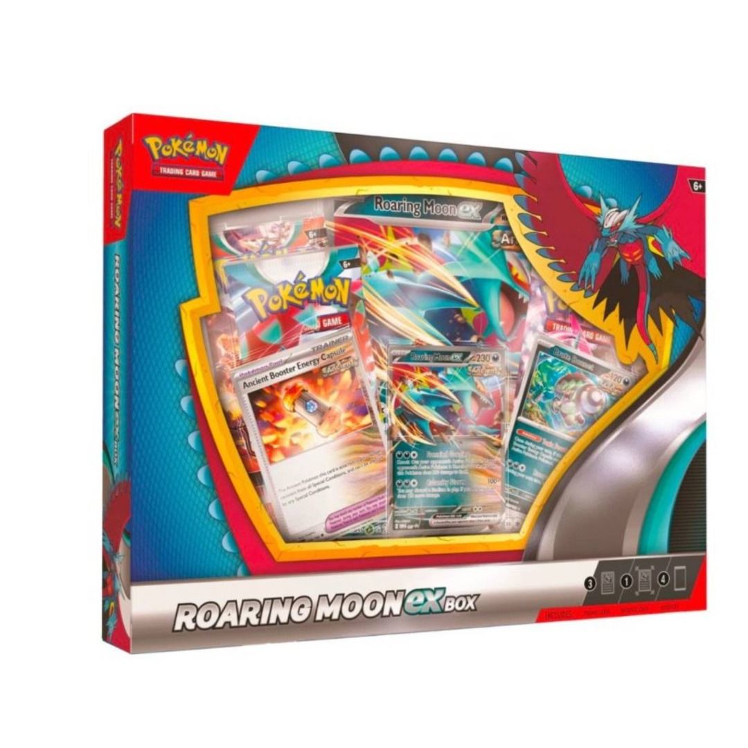 Caixa de cartas Pokémon Roaring Moon ex Box com cartas visíveis e embalagem colorida